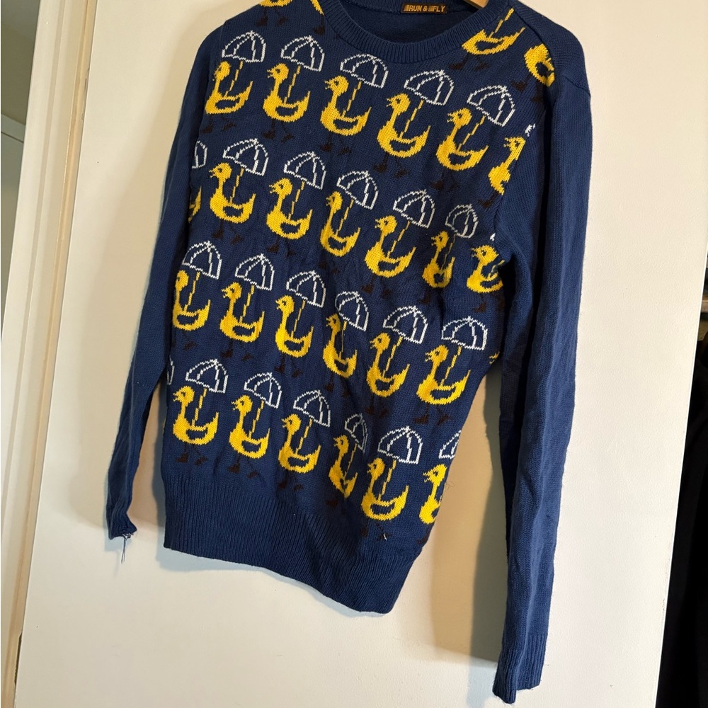 Playful Duck Pattern Sweater in Blue and Yellow